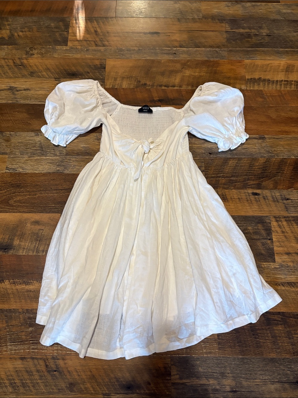VICI White Puff Sleeve Mini Dress with Tie Front